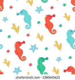 Sea seamless pattern with seahorse, starfish, seaweed. Underwater. Ocean and sea vector illustration for textiles, web, print and wallpaper. White background