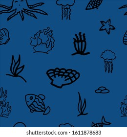 The sea seamless pattern. The sealife on blue background.