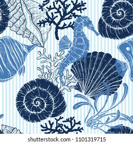 Sea seamless pattern. seashell, seahorse, coral. Blue stripped background.