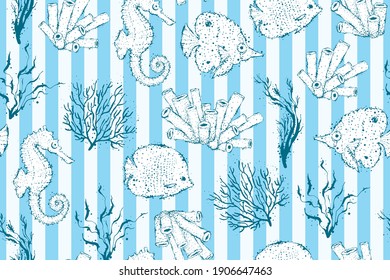 Sea seamless pattern. seashell, seahorse, coral. Blue stripped background.