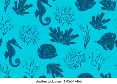 Sea seamless pattern. seashell, seahorse, coral. Blue stripped background.