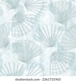 Sea. Seamless pattern with seashells on  blue watercolor background. Outline and silhouette. Vector hand drawn  abstract illustration. Perfect for wallpaper, wrapping, fabric and textile. 