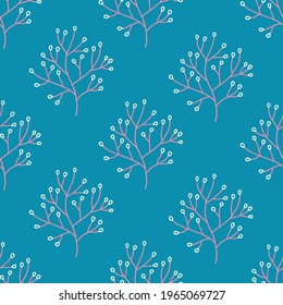 Nahtloses Muster mit Algen auf blauem Hintergrund. Perfekt für Tapete, Wickelpapier, Sommergrußkarten. Skandinavischer Stil. handgezeichnete Vektorgrafik
