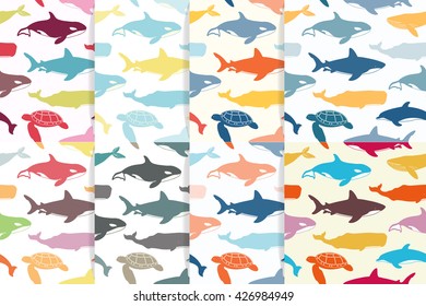 Sea seamless pattern set. Great White Shark, Sea Turtle, Atlantic Bottlenose Dolphin and Whales. Animal wallpaper. Vector illustration for printing onto fabric.