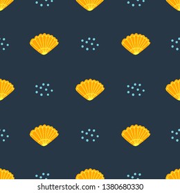 Sea seamless pattern with shell and bubbles. Underwater. Ocean and sea vector illustration for textiles, web, print and wallpaper. Dark background