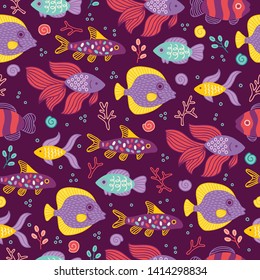 Sea seamless pattern with shell, fish, corals, seaweed and bubbles on dark purple background. Perfect for summer greeting cards