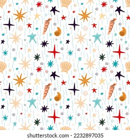 Sea seamless pattern with shells, corals, starfish on a white background. Vector illustration