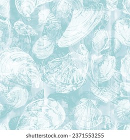 Sea. Seamless pattern with shells on  blue watercolor background. Vector hand drawn illustration. Perfect for wallpaper, wrapping, fabric and textile. 