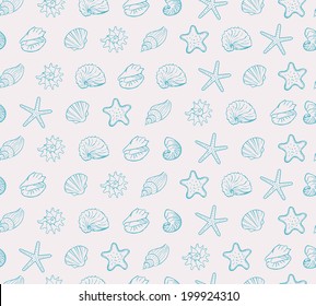 Sea seamless pattern with shells. Vector texture