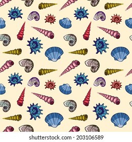 Sea seamless pattern with shells. Vector texture