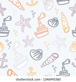 Sea seamless pattern with ships, anchors and shells