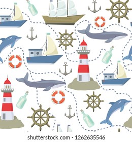 Sea seamless pattern with ships, lighthouses, dolphins, whales