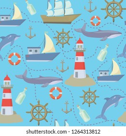 Sea seamless pattern with ships, lighthouses, dolphins, whales