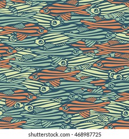 Sea seamless pattern with small fish. Kids doodle style.