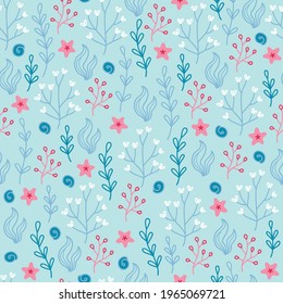 Sea seamless pattern with starfish, seaweed, shell on light blue background. Perfect for wallpaper, wrapping paper, summer greeting cards. Scandinavian style. Hand drawn vector illustration