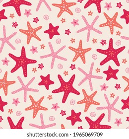 Sea seamless pattern with starfish and shell on beige background. Perfect for wallpaper, wrapping paper, summer greeting cards. Scandinavian style. Hand drawn vector illustration