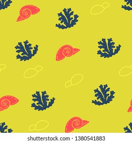 Sea seamless pattern with stones, seashells, seaweed. Underwater. Ocean and sea vector illustration for textiles, web, print and wallpaper. Yellow background