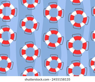 Sea seamless pattern. Summer childish pattern. Lifebuoys on a blue background. Cute cartoon design. Design for fabric, paper, print, wrapping. Blue striped background. 