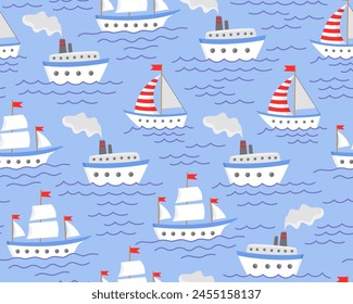 Patrón sin costuras de mar. Patrón infantil de verano. 
Barcos, barcos de vapor, veleros. Mar con olas. Lindo diseño de dibujos animados. Diseño para tela, papel, impresión, envoltura.