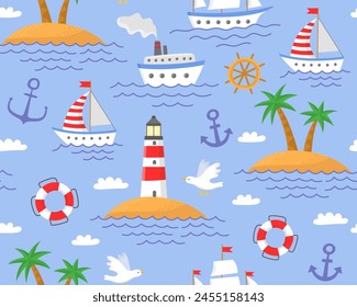 Sea seamless pattern. Summer childish pattern. Ships, lighthouse, island with palm trees, helm, anchor, seagull.  Sea with waves. Cute cartoon design. Design for fabric, paper, print, wrapping.