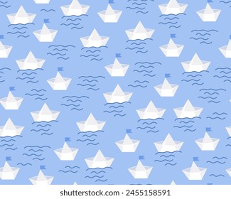 Sea seamless pattern. Summer childish pattern. Paper boats on the waves. White boats on a blue background. Sea with waves. Cute cartoon design. Design for fabric, paper, print, wrapping.