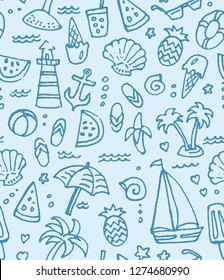 Sea seamless pattern. Summer doodle print. Hand drawn summer background. Beach and Sea card. Vector illustration.