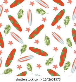 Sea seamless pattern with surfboards, palm leaf and starfish on background. Vector illustration as fabric, textile, clothes.