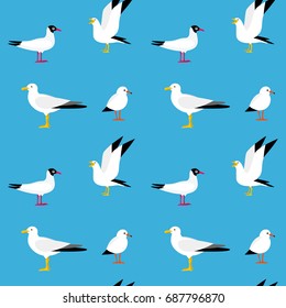 Sea seamless pattern. Seamless texture with flying seagulls. Cartoon atlantic seabird, seagulls flying in blue sky vector set.