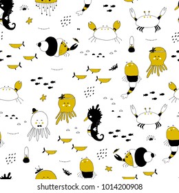 Sea seamless pattern. Underwater world, ocean creatures. Vector bright background. Can be used for wallpaper, children fashion, stationery, scrapbooking, home decor and textile, fabric prints.