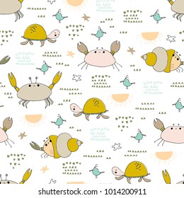 Sea seamless pattern. Underwater world, ocean creatures. Vector bright background. Can be used for wallpaper, children fashion, stationery, scrapbooking, home decor and textile, fabric prints.