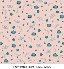 Sea seamless pattern with water bubbles and seaweed with pink background. Small sea elements vector illustration.