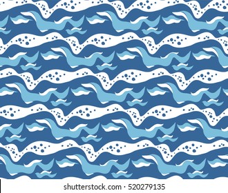 Sea seamless pattern. Waves of blue with bubbles and foam. Vector background. Sea-themed wallpaper, wrapping paper, repeated elements.