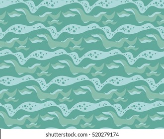 Sea seamless pattern. Waves of green with bubbles and foam. Vector background. Sea-themed wallpaper, wrapping paper, repeated elements.