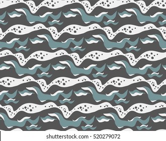 Sea seamless pattern. Waves of teal and dark gray with bubbles and foam. Vector background. Sea-themed wallpaper, wrapping paper, repeated elements.