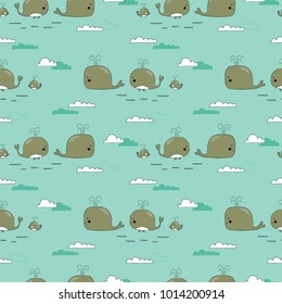 Sea seamless pattern with whales. Underwater world, ocean creatures. Vector background. Can be used for wallpaper, children fashion, stationery, scrapbooking, home decor and textile, fabric prints.