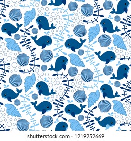 Sea seamless pattern with whales,shells and corals.Summer vector holiday background.Marine textile texture