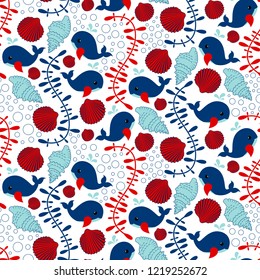 Sea seamless pattern with whales,shells and corals.Summer vector holiday background.Marine textile texture