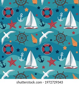 Sea seamless pattern with yacht sailboat, anchor, steering wheel, seagull, life buoy, starfish. Colorful cartoon nautical marine design. Textile fabric or paper print. Sea green, turquoise, red color.