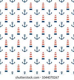 Sea seamless pattern.Red, blue and white colors.Seamless pattern included in swatch panel.Design for fabric, web background, wallpaper, cards, prints of baby goods.Vector background.