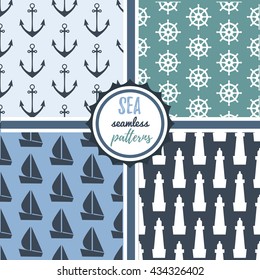 Sea seamless patterns in blue colors retro collection