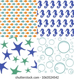 Sea seamless patterns, nautical design, marine elements
