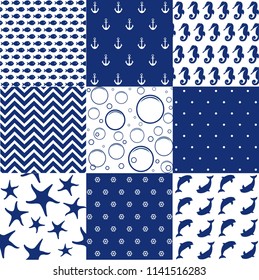 Sea seamless patterns, nautical design, marine elements