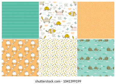 Sea seamless patterns set. Underwater world, ocean creatures. Vector bright backgrounds. Can be used for wallpaper, children fashion, stationery, scrapbooking, home decor and textile, fabric prints.