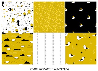 Sea seamless patterns set. Underwater world, ocean creatures. Vector backgrounds. Can be used for wallpaper, children fashion, stationery, scrapbooking, home decor and textile, fabric prints.