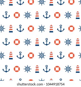Sea seamless patterns.Red, blue, white colors.Seamless pattern included in swatch panel.Design for fabric, web background, wallpaper, cards, prints of baby goods.Vector background.