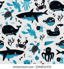 Sea seamless pattern.Vector nautical background