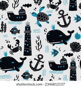 Sea seamless pattern.Vector nautical background
