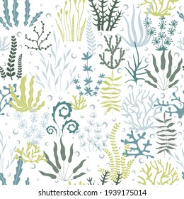 Sea seamless of seaweed and bubble. Hand drawn  seaweed and bubble seamless collection. Marine illustration. Ideal for fabric, wallpaper, wrapping paper, textile, bedding, t-shirt print.