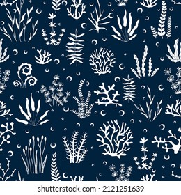 Sea seamless of seaweed and bubble. Marine illustration.