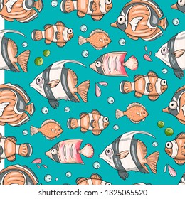 Sea seamless vector pattern. Ocean tropical exotic illustration with tropical underwater animals - angel fish, clown fish, moorish idol. Marine life. Sea background vector illustration.